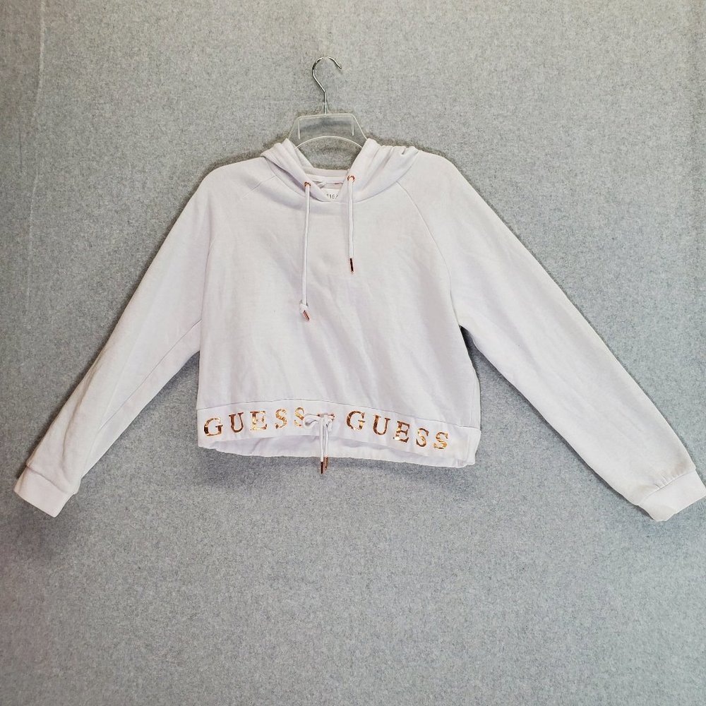 Guess Size Large ~ White Logo Crop Hoodie w/ Drawstring Waist